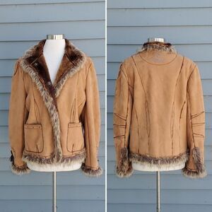 Vintage 90s y2k Vegan Suede Faux Fur Brown Penny Lane Embroidered Stud Coat Lg